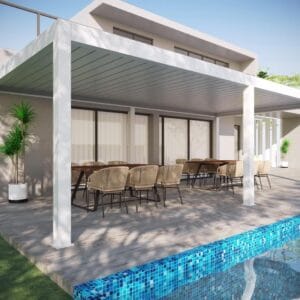 pergola bioclimatique sur mesure avec lames orientables, structure aluminium haut de gamme fabriquée par ElMeh Déco à Casablanca